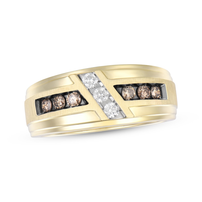 Main Image 1 of Men's Round-Cut Brown & White Diamond Anniversary Band 1/2 ct tw 10K Yellow Gold