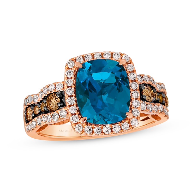 Main Image 1 of Le Vian Chocolate Waterfall Blue Topaz Ring 3/4 ct tw Diamonds 14K Strawberry Gold