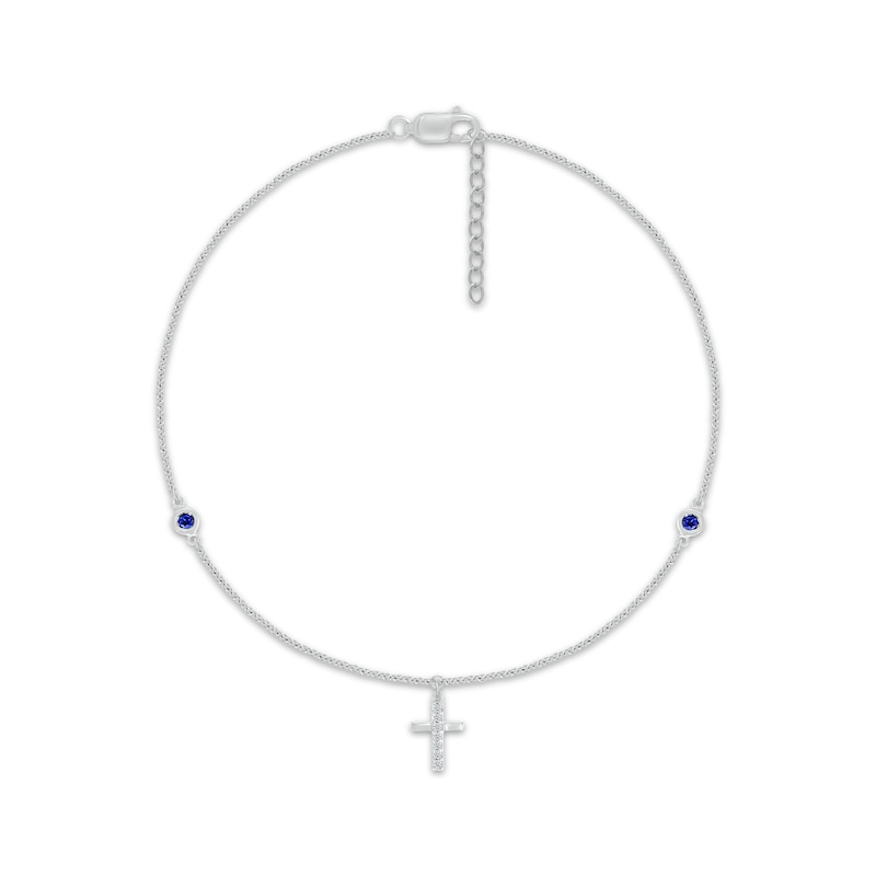 Blue & White Lab-Created Sapphire Cross Anklet Sterling Silver 10”