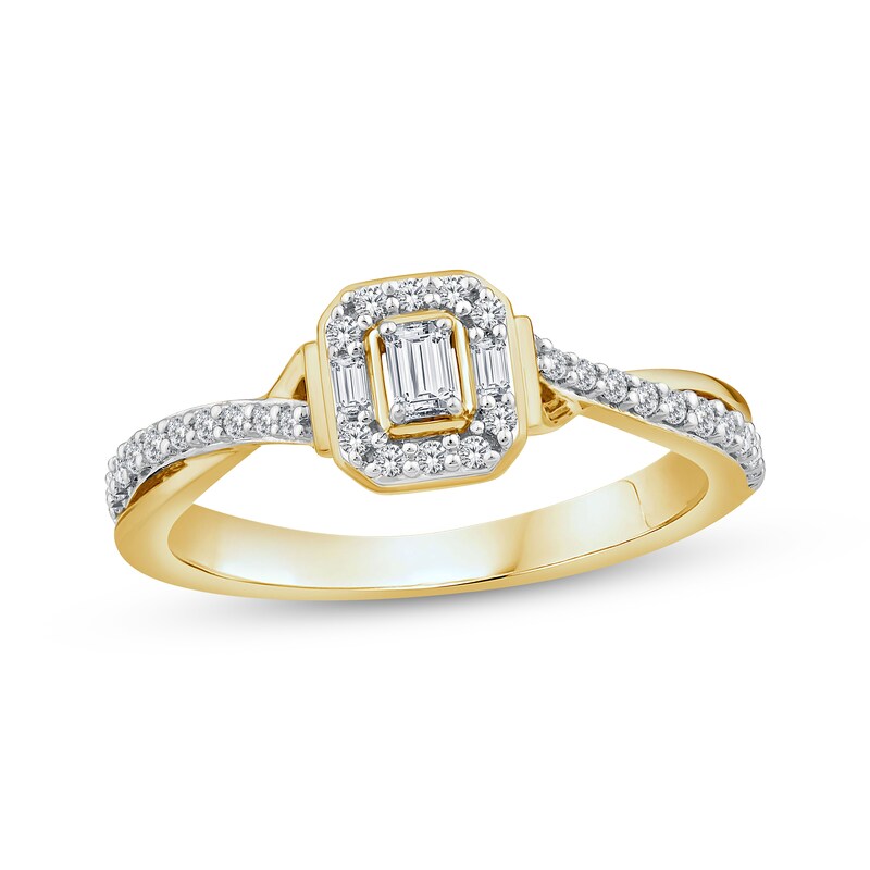 Main Image 1 of Adore Emerald-Cut Diamond Halo Engagement Ring 1/3 ct tw 10K Yellow Gold