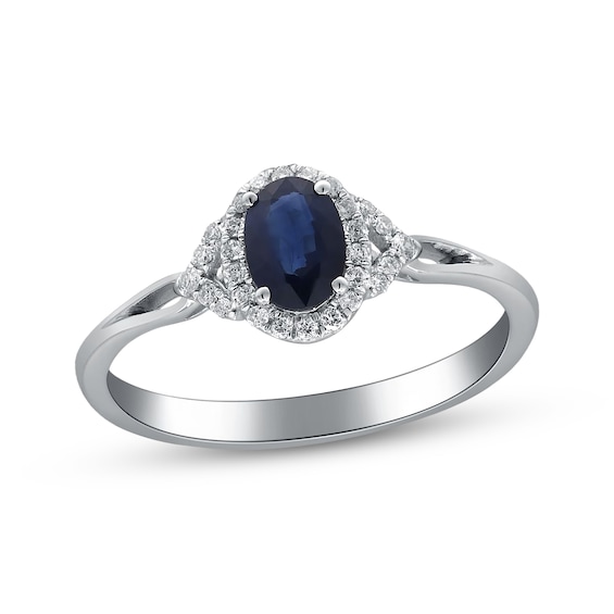 Oval-Cut Natural Blue Sapphire & Diamond Ring 1/10 ct tw 14K White Gold