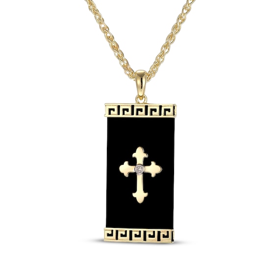 Men's Black Onyx & Diamond Accent Cross Necklace 10K Yellow Gold 22"