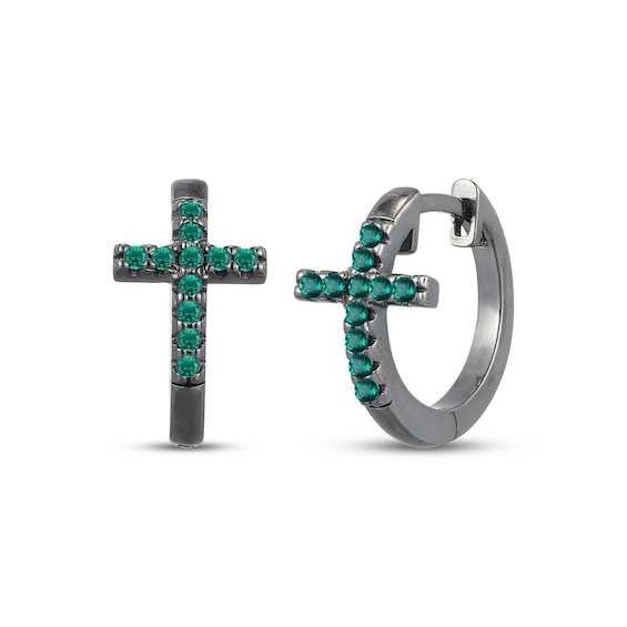 Men's Lab-Created Emerald Cross Huggie Hoop Earrings Antique Finished Sterling Silver