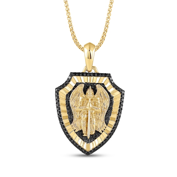Men's Black Diamond Saint Michael Shield Necklace 3/8 ct tw 10K Yellow Gold 22"