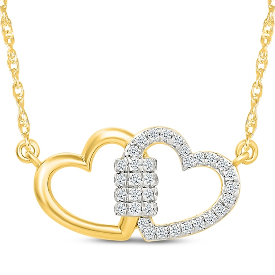 Diamond Double Heart Lock Necklace 1/5 ct tw 10K Yellow Gold 18"