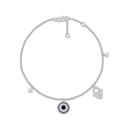 Blue & White Lab-Created Sapphire Hamsa & Evil Eye Dangle Bracelet Sterling Silver 7.5"