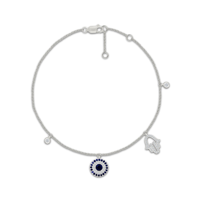 Main Image 1 of Blue & White Lab-Created Sapphire Hamsa & Evil Eye Dangle Bracelet Sterling Silver 7.5"
