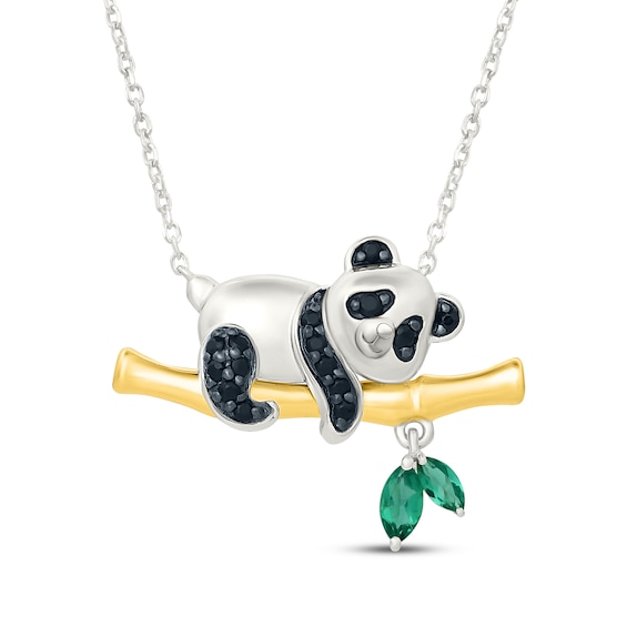 Lab-Created Emerald & Black Onyx Panda Necklace Sterling Silver & 10K Yellow Gold 18"