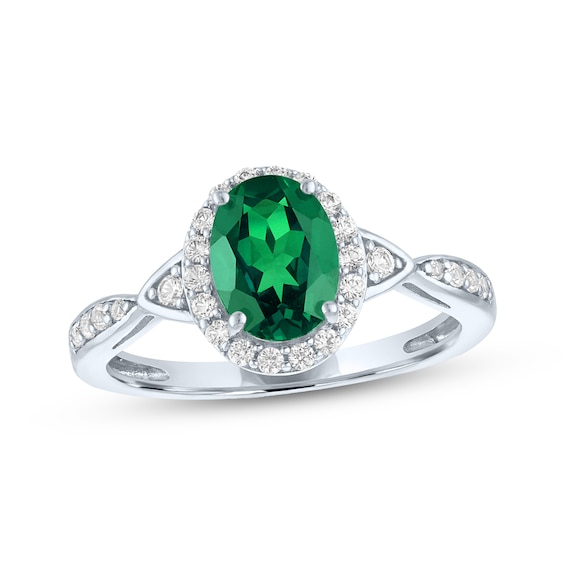 Oval-Cut Lab-Created Emerald & White Lab-Created Sapphire Halo Ring Sterling Silver