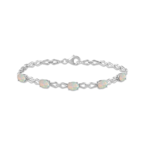 Oval-Cut Lab-Created Opal & White Lab-Created Sapphire Link Bracelet Sterling Silver 7.5"