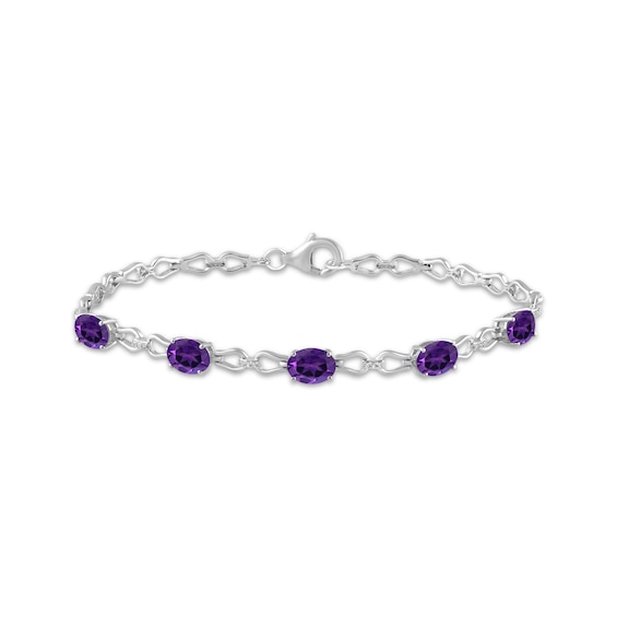 Oval-Cut Natural Amethyst & White Lab-Created Sapphire Link Bracelet Sterling Silver 7.5"