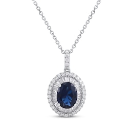 KAY Lab-Grown Diamonds Oval-Cut Lab-Created Blue Sapphire Halo Necklace 3/4 ct tw 10K White Gold 18"