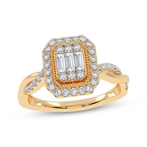 Adore Baguette & Round-Cut Diamond Halo Engagement Ring 3/8 ct tw 10K Yellow Gold
