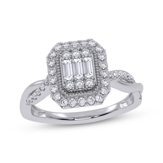 Adore Baguette & Round-Cut Diamond Halo Engagement Ring 3/8 ct tw 10K White Gold