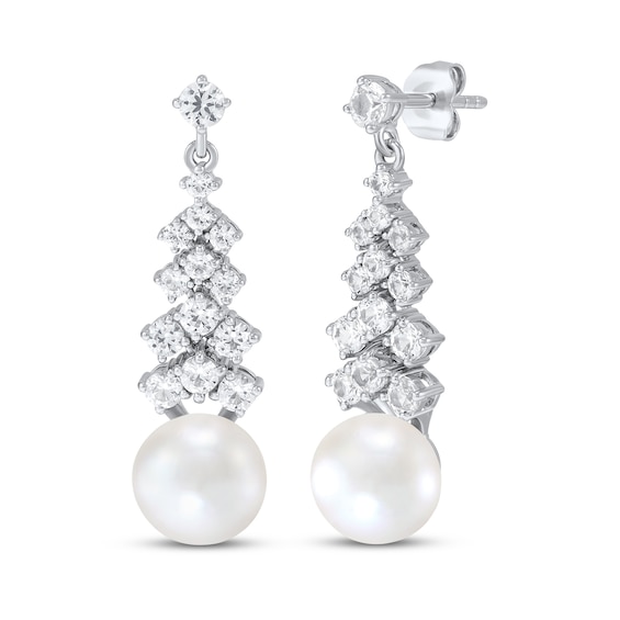Cultured Pearl & White Lab-Created Sapphire Drop Earrings Sterling Silver