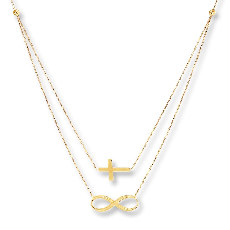 Cross & Infinity Symbol Layered Necklace 14K Yellow Gold 18"