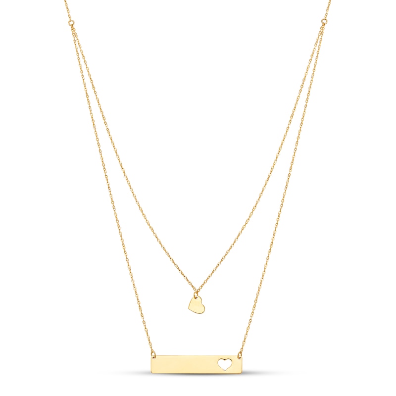 Semi-Solid Heart Bar Necklace 10K Yellow Gold 17"