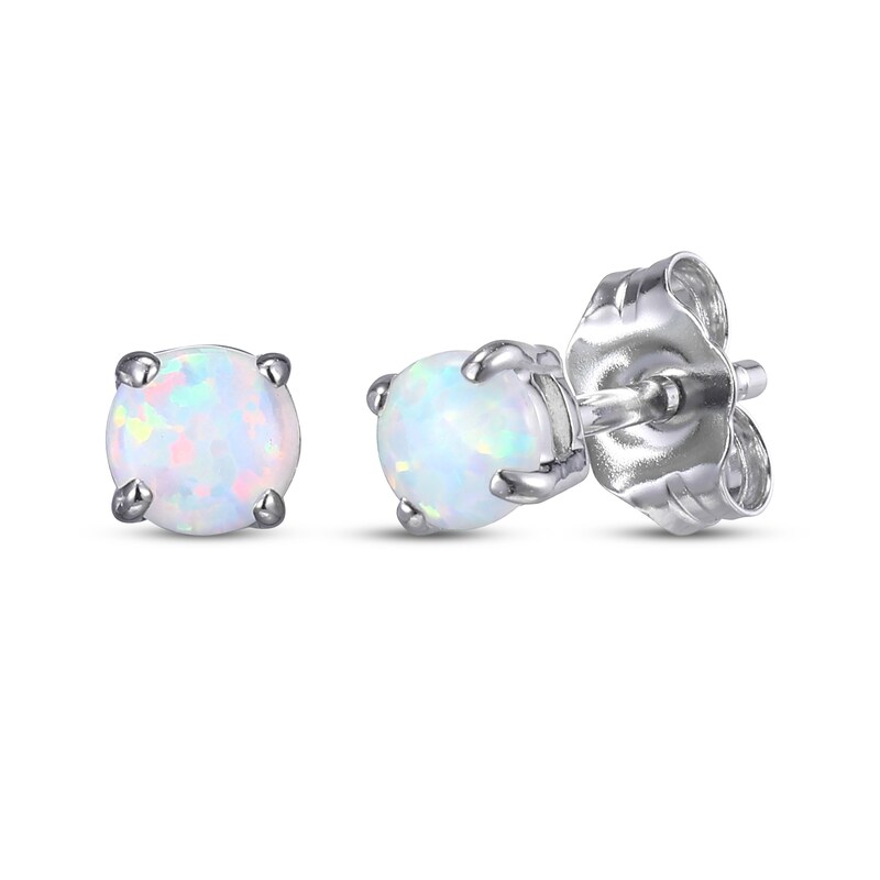 Main Image 2 of Round-Cut Lab-Created Opal & White Lab-Created Sapphire Stud & Hoop Earrings Gift Set Sterling Silver