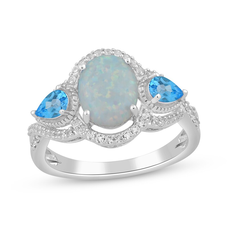 Oval-Cut Lab-Created Opal, Swiss Blue Topaz & White Lab-Created Sapphire Ring Sterling Silver