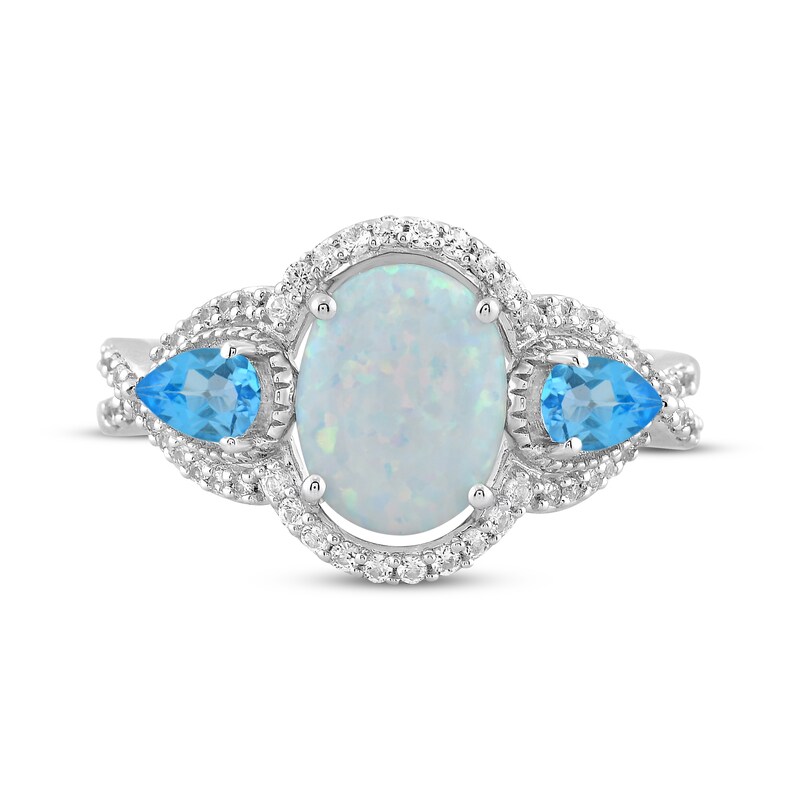 Oval-Cut Lab-Created Opal, Swiss Blue Topaz & White Lab-Created Sapphire Ring Sterling Silver