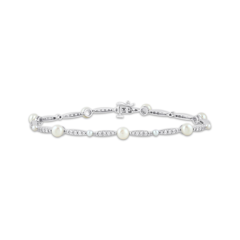 Main Image 1 of Cultured Pearl & White Lab-Created Sapphire Link Bracelet Sterling Silver 7.5"
