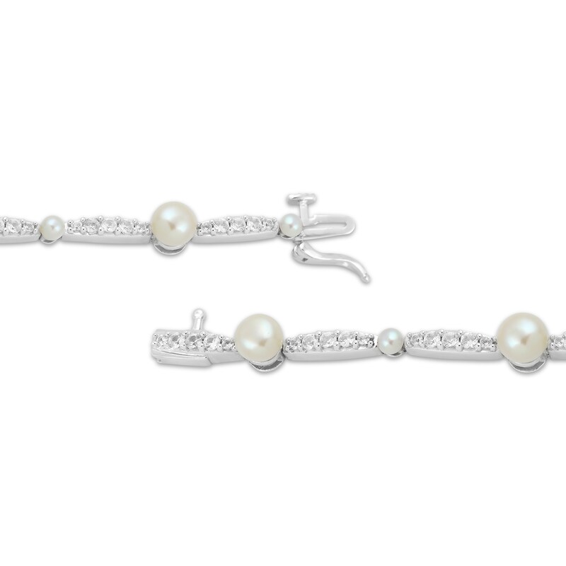 Main Image 3 of Cultured Pearl & White Lab-Created Sapphire Link Bracelet Sterling Silver 7.5"