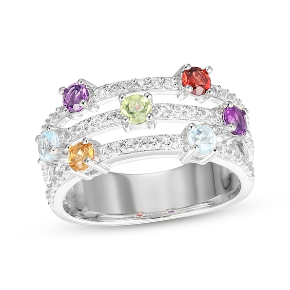 Citrine, Garnet, Amethyst, Peridot, Sky Blue Topaz & White Lab-Created Sapphire Ring Sterling Silver