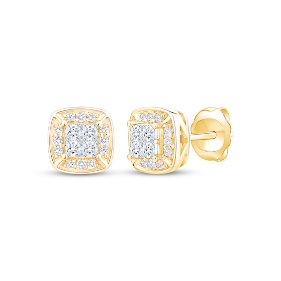 Princess-Cut Diamond Quad Cushion Halo Stud Earrings 1/3 ct tw 10K Yellow Gold