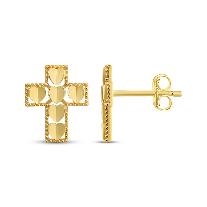 Main Image 1 of Heart Cross Stud Earrings 14K Yellow Gold