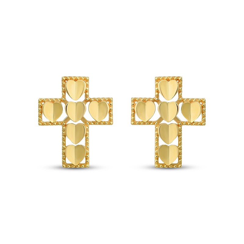 Main Image 2 of Heart Cross Stud Earrings 14K Yellow Gold