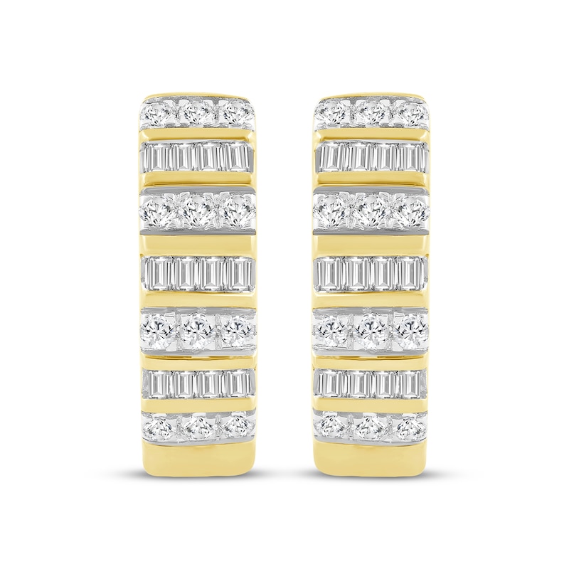 Main Image 2 of Men's Baguette & Round-Cut Diamond Hoop Earrings 1/3 ct tw 10K Yellow Gold