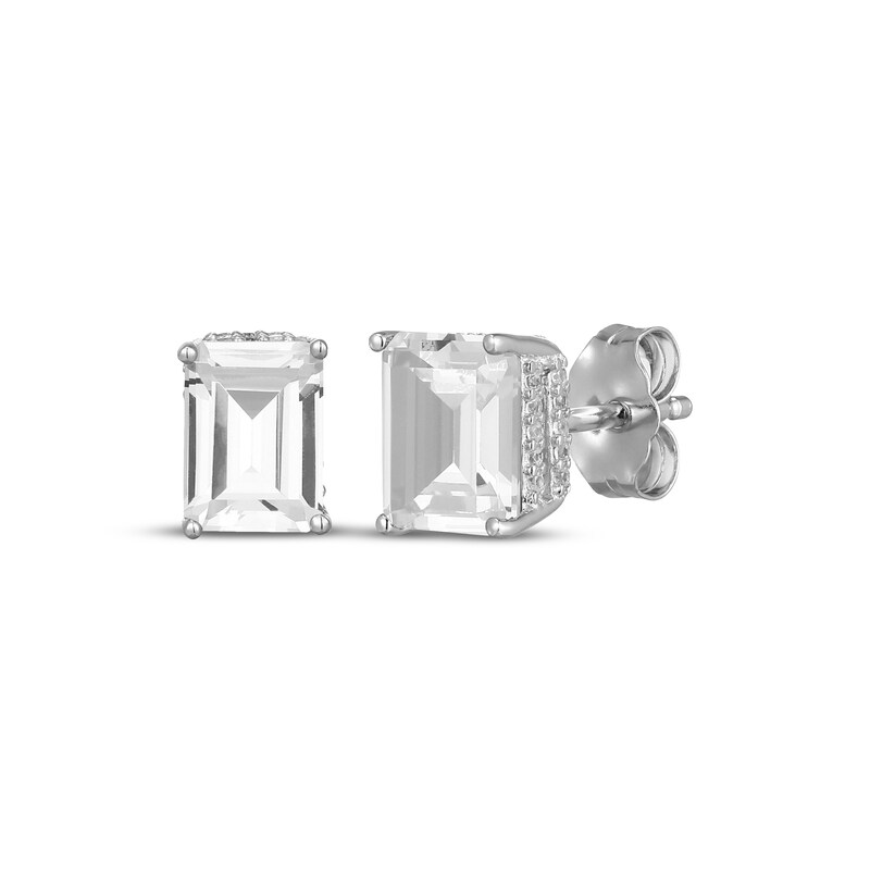 Main Image 1 of Emerald-Cut White Lab-Created Sapphire Hidden Halo Stud Earrings Sterling Silver