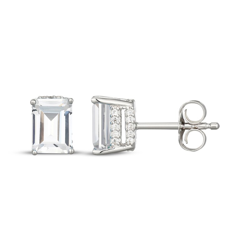 Main Image 3 of Emerald-Cut White Lab-Created Sapphire Hidden Halo Stud Earrings Sterling Silver
