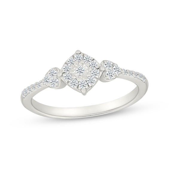 Diamond Cushion Halo & Hearts Promise Ring 1/5 ct tw Sterling Silver