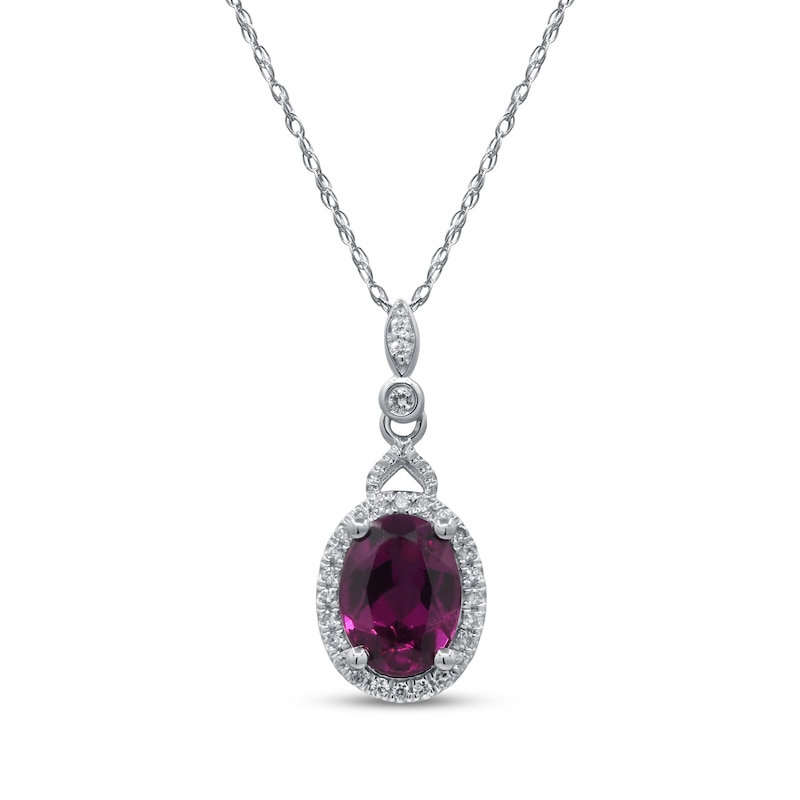 Main Image 1 of Oval-Cut Rhodolite Garnet & Diamond Drop Necklace 1/10 ct tw 10K White Gold 18"