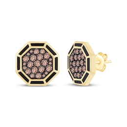 Men's Brown Diamond & Black Enamel Octagon Stud Earrings 3/4 ct tw 10K Yellow Gold