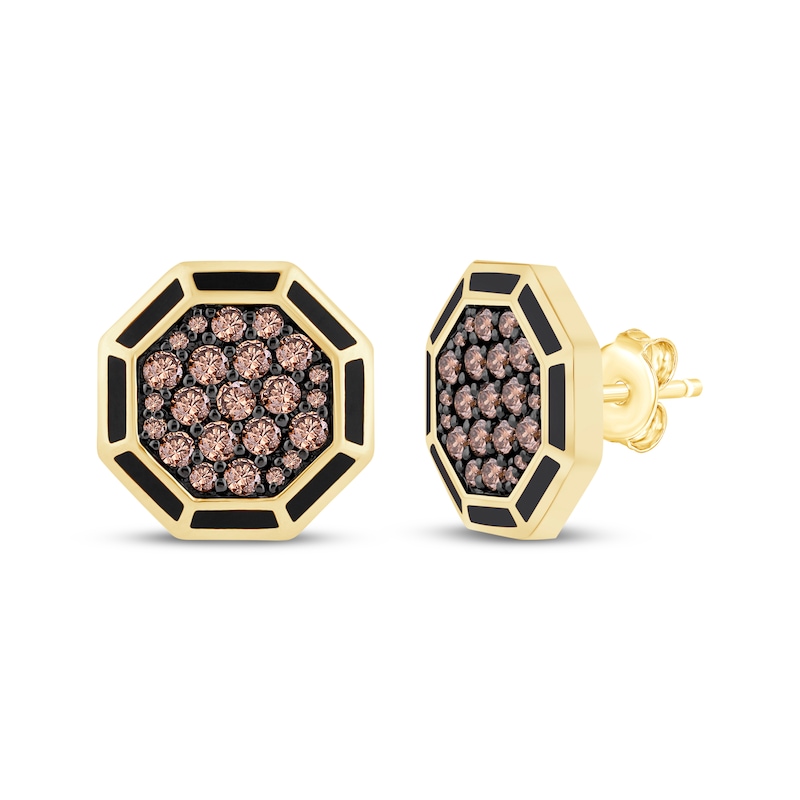 Main Image 1 of Men's Brown Diamond & Black Enamel Octagon Stud Earrings 3/4 ct tw 10K Yellow Gold