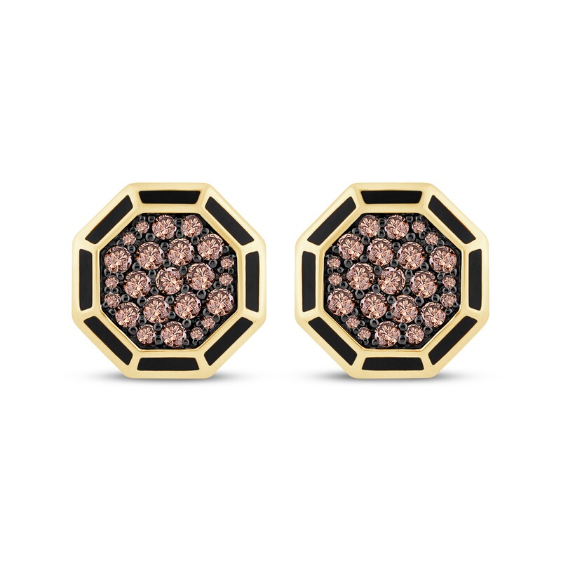 Main Image 2 of Men's Brown Diamond & Black Enamel Octagon Stud Earrings 3/4 ct tw 10K Yellow Gold