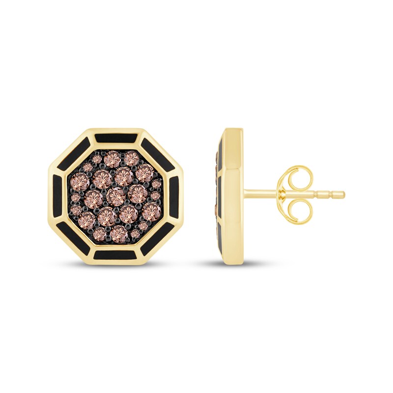 Main Image 3 of Men's Brown Diamond & Black Enamel Octagon Stud Earrings 3/4 ct tw 10K Yellow Gold