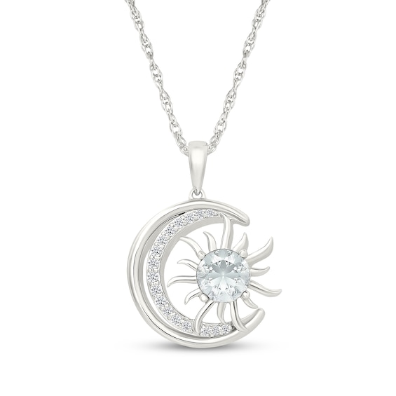 White Lab-Created Sapphire Crescent Moon & Sun Necklace Sterling Silver 18"