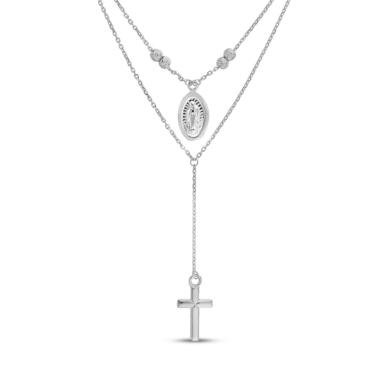Virgin Mary & Cross Layered Choker Necklace Sterling Silver 17"