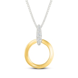 Diamond Accent Doorknocker Circle Necklace Sterling Silver & 10K Yellow Gold 18"