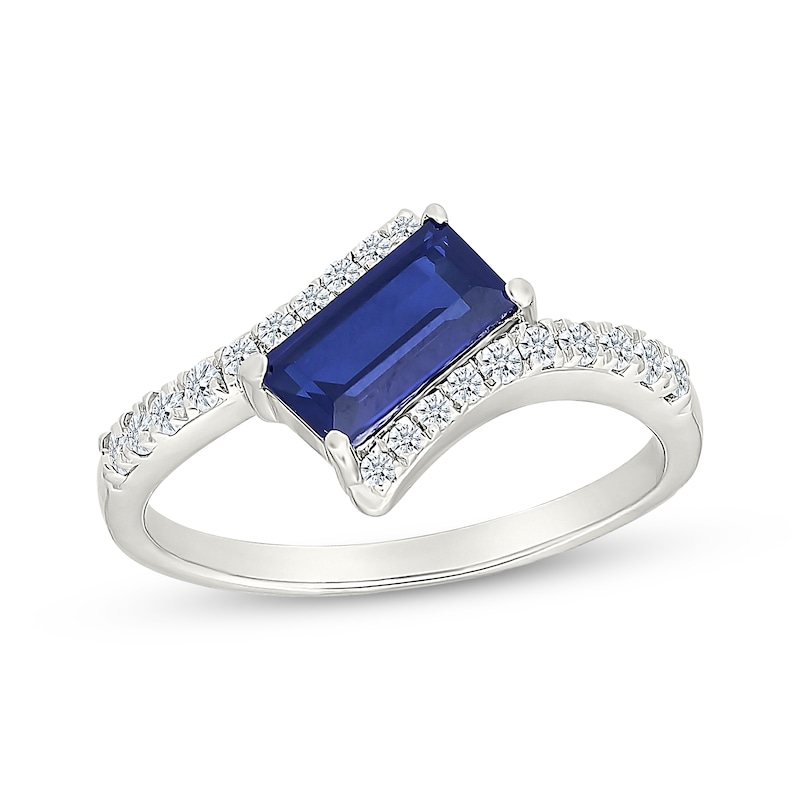 Main Image 1 of Baguette-Cut Blue Lab-Created Sapphire & White Lab-Created Sapphire Bypass Ring Sterling Silver