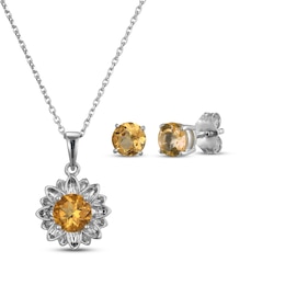 Citrine Flower Necklace & Stud Earrings Gift Set Sterling Silver