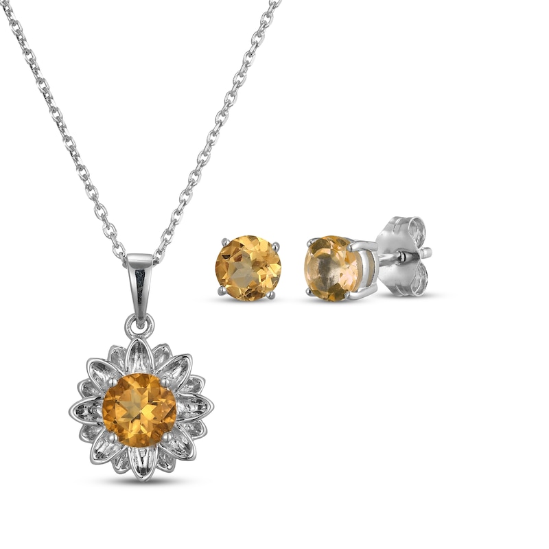 Main Image 1 of Citrine Flower Necklace & Stud Earrings Gift Set Sterling Silver