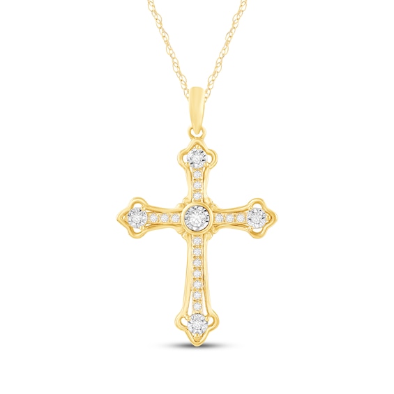 Diamond Flared Cross Necklace 1/6 ct tw 10K Yellow Gold 18"