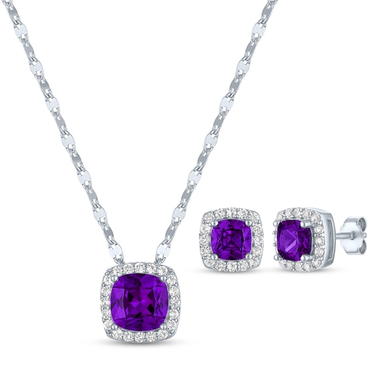 Cushion-Cut Amethyst & White Lab-Created Sapphire Gift Set Sterling Silver