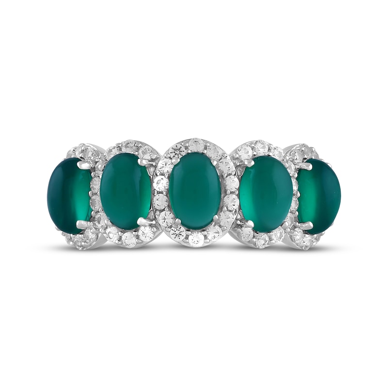 Main Image 3 of Oval-Cut Dyed Green Chalcedony & White Lab-Created Sapphire Five-Stone Halo Ring Sterling Silver