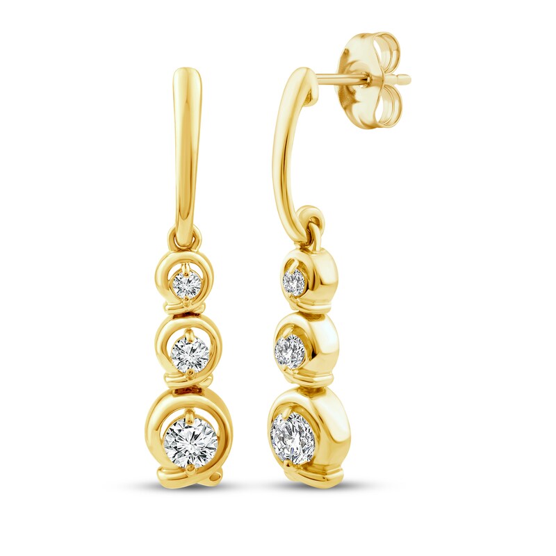 Main Image 1 of Memories Moments Magic Lab-Grown Diamond Three-Stone Drop Earrings 1/2 ct tw 10K Yellow Gold