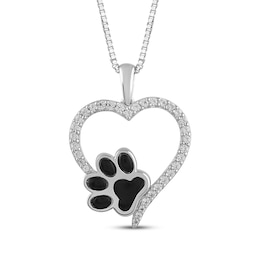 Black Onyx & White Lab-Created Sapphire Heart Paw Print Necklace Sterling Silver 18"
